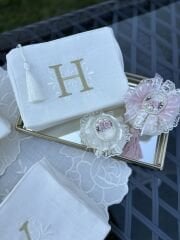 Harf Nakışlı Keten Çanta | Ekru&Gold