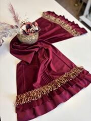 Püsküllü&Fırfırlı Kadife Runner | Bordo